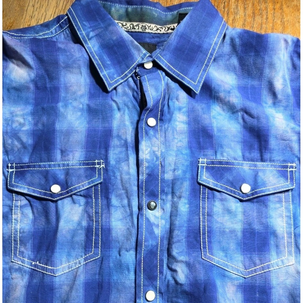 Age of Wisdom Men L Western Shirt‎ Pearl Snap Long Sleeve Cobalt Blue Plaid Y2K